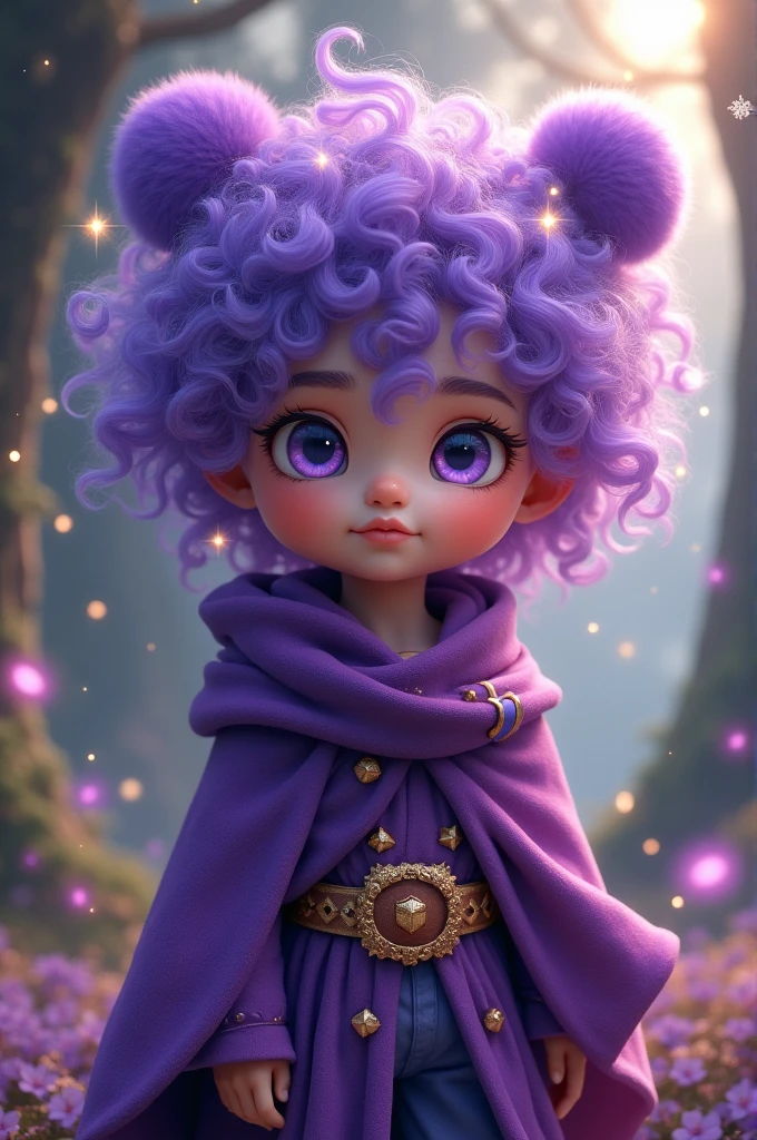 A wizard cute boy, about 20 years old, he has stars in his eyes, he has purple hair, his hair is curly, he is dressed in purple clothes all over, there are two purple fluffy balls on his hair, he himself is a star boy
and in real life