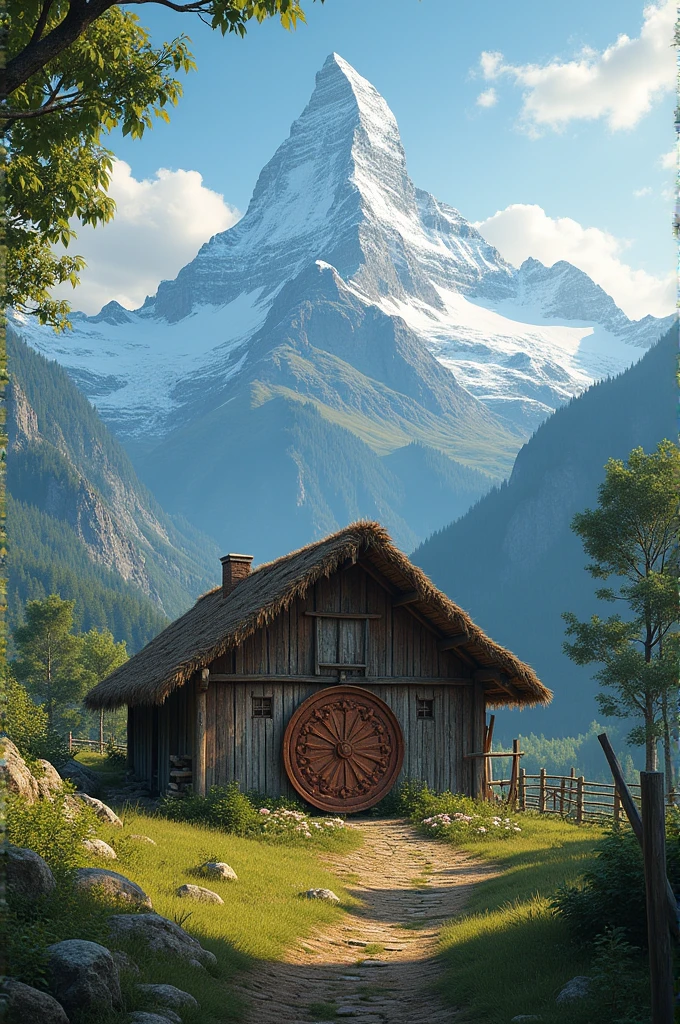 CIRCULAR LOGO MOUNTAIN BACKGROUND IN THE CENTER OF A FARMING HUT