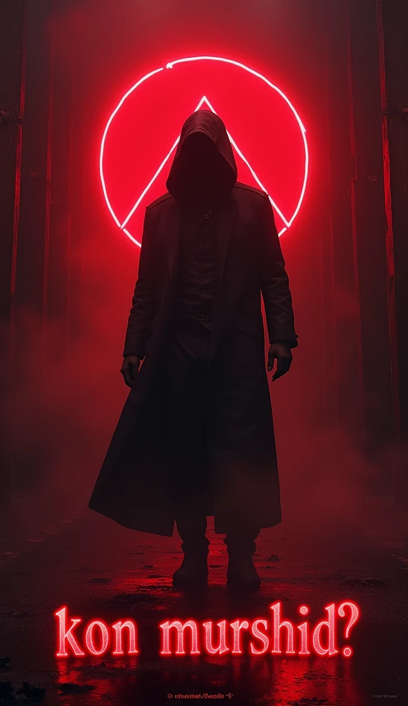 Create a poster with initials "KON MURSHID ?" with text about "Anjaan Musafir" in a dark and bloody color scheme, and a code name Dx ahmed with futuristic, bright lettering and an image relevant to the text.