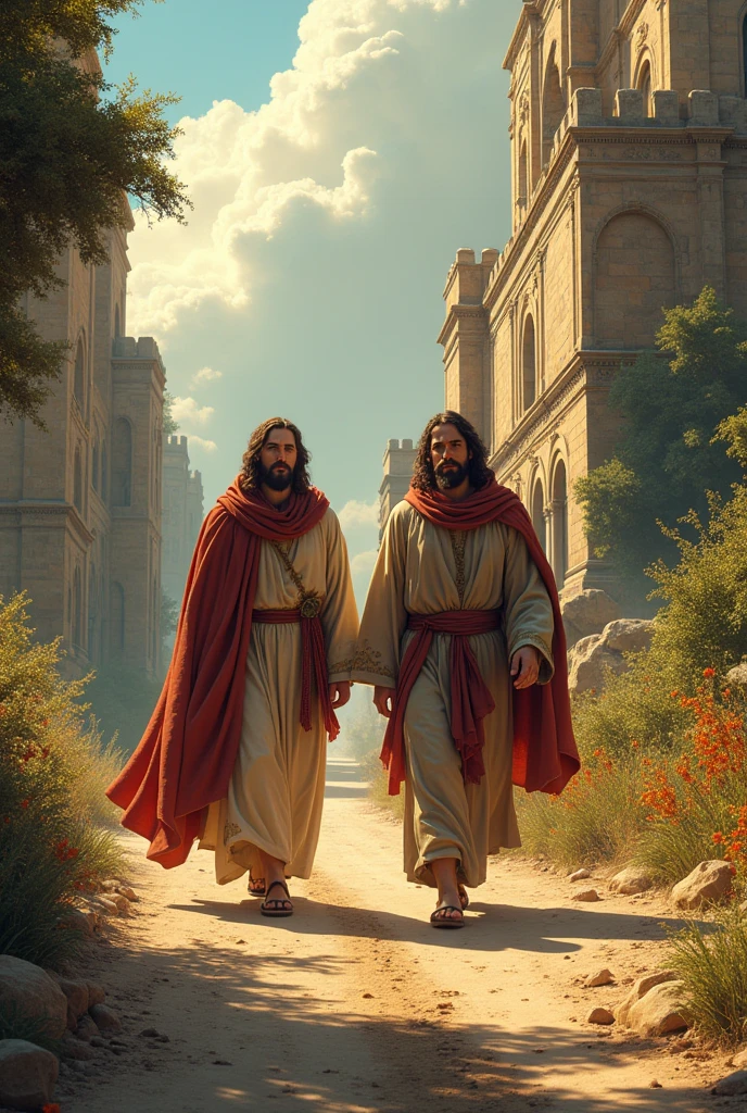2 followers of Jesus walking to Emmaus, a village a few kilometers from Jerusalem on a dusty road, fantasy comic book style, high quality, detailed character design, intricate background, cinematic lighting, vibrant colors, dynamic composition, dramatic shadows, volumetric fog, glowing divine aura, ornate biblical architecture, lush foliage, detailed textures, ornate biblical clothing, expressive facial features, seamless integration of realism and fantasy
