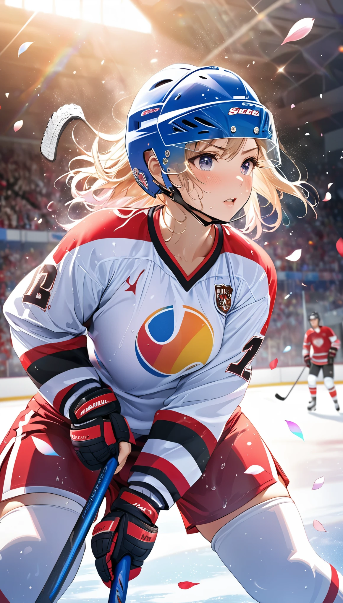 (Sports magazine cover photo), Highest quality, Great quality, 16K, Unbelievably absurd, Very detailed, delicate and dynamic, Natural light, The particles reflect light, Diffuse reflection of light, Many rainbow-colored petals fall, Beautiful hall, Sparkling Sun, Diffuse reflection of light, Create amazing image effects, Hockey girl, Wet, sweating, Ice hockey, Holding hockey stick, Close-up(Cute sexy girl, big bouncing busts, Sensual expression, Cool girl, Serious, passion, Dynamic, Flashy hockey uniform, ,ice hockey helmet, Face guard, audience ,much-air-laden cheer)