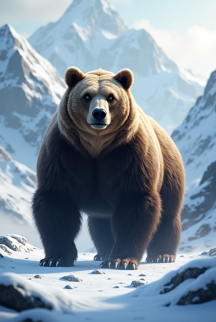 Make a image of bear standing in snow mountain 