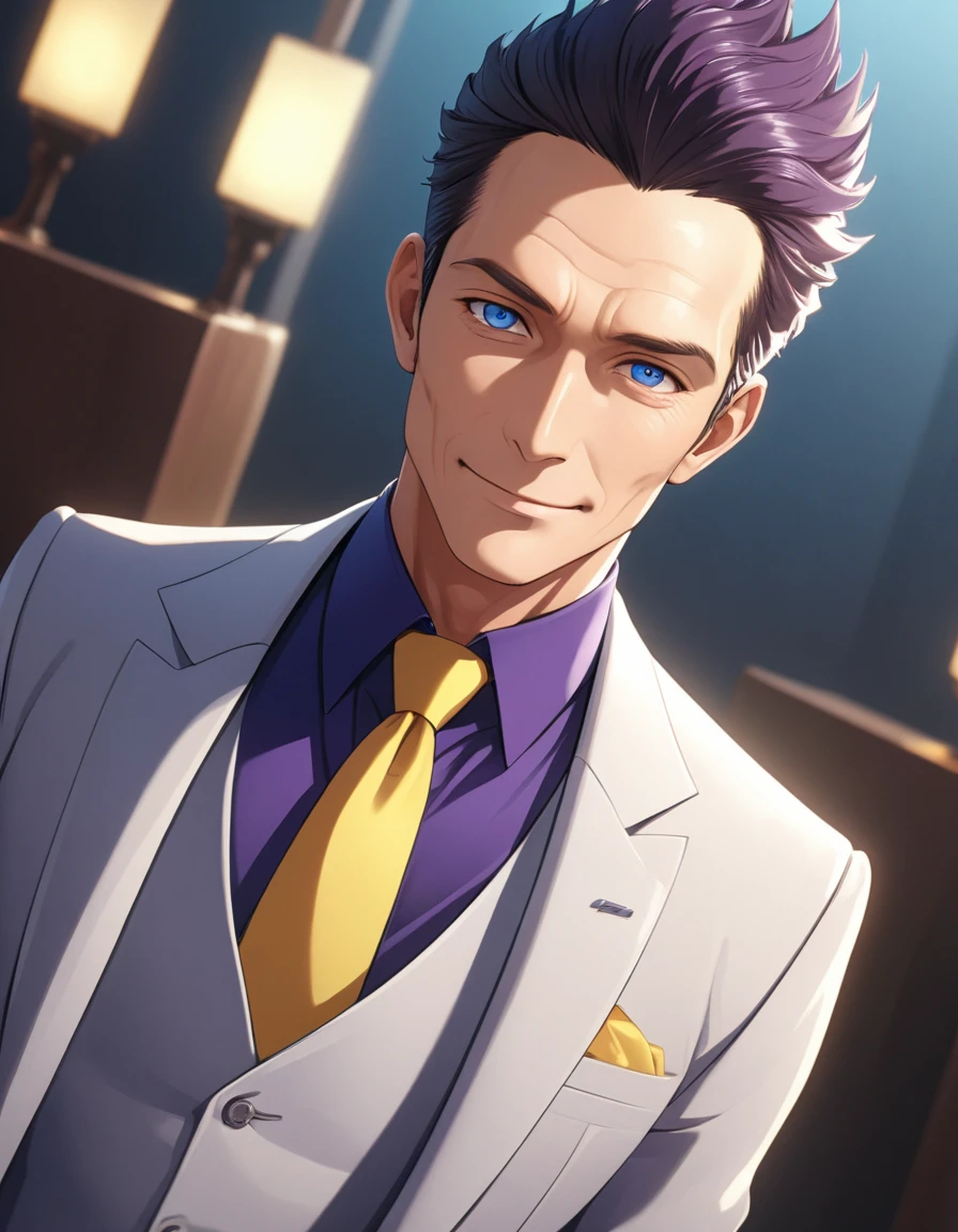 1man, (mature dad in ail-soft style, dandy president, moss olive hair, deepblue eyes, arafed spiky hair slicked back, businessman hairstyle), ideal ratio body proportions, BREAK (over 30s, elder producer, toned dilettante, high cheekbones, broad shoulder, square shaped face, handsome, beautiful detailed eyes, under 40s), BREAK (violet formal jacket, purplewhite shirt, yellow necktie, simple costume), BREAK solo, cool smile, smart emotion, BREAK upperlegs, romantic expression, 2000s, old hentai CG, in Ribahara Aki style, BREAK depth of field, dutch angle, cinematic shadows, cinematic lighting, lens flare, light leaks, texture, absurdres absolutely resolution, extreme all detailed, greatest paint, BREAK masterpiece, best quality