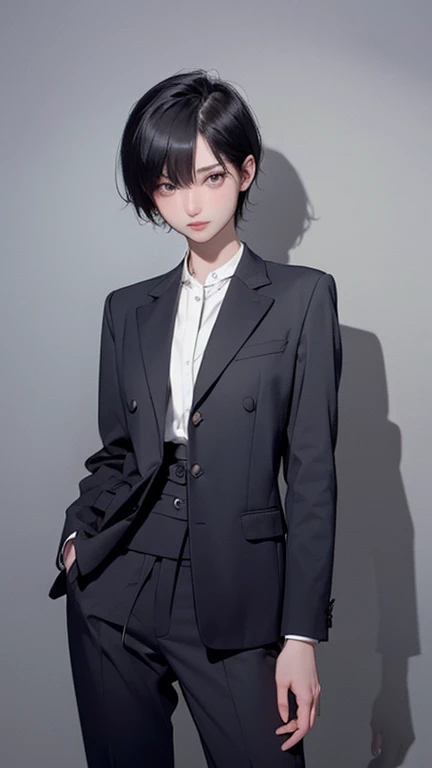 naked、nude、older sister、cool、slender、Black Hair,、Short Hair、In a suit、pants、
