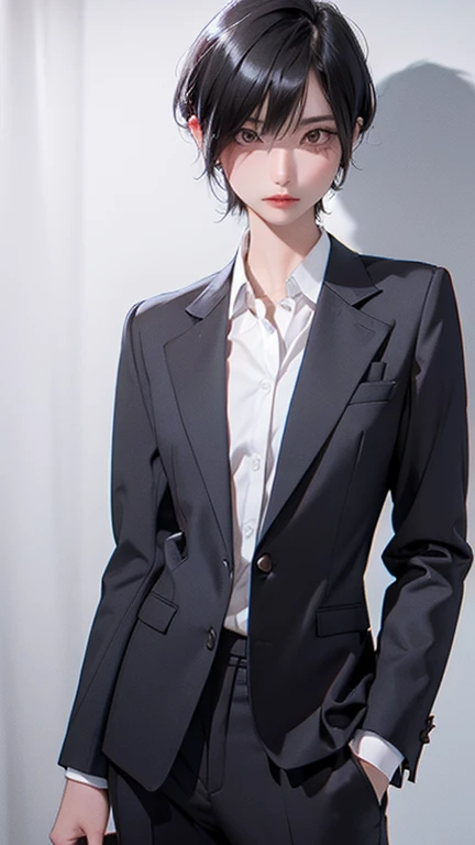 naked、nude、older sister、cool、slender、Black Hair,、Short Hair、In a suit、pants、