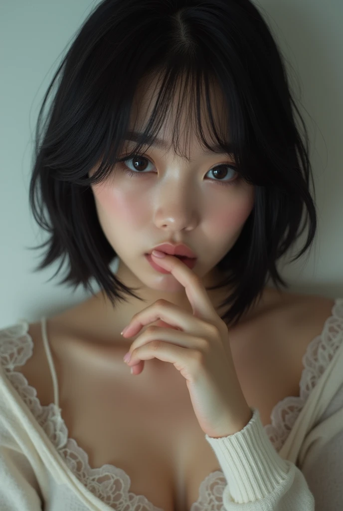 multi angle pov realism erotic pov near distance wetting full body figure fingertips touch own lips with self hand while kneering down and approaching aggressivery for a kiss neat pure beauty girl is beautiful japanese female and beautiful russian female mixed race only in the face age is 15 features of the whole body black hair medium straight bob cut hair style beautiful small face with short eyelashes boyish eyes only high nose dark blue pupils very thin upper lip milky white skin accurate attractive body shape beautiful nomal size bust waist hips thighs knees legs choker and tie on neck half opend eyes shy enamored face kindly and slight