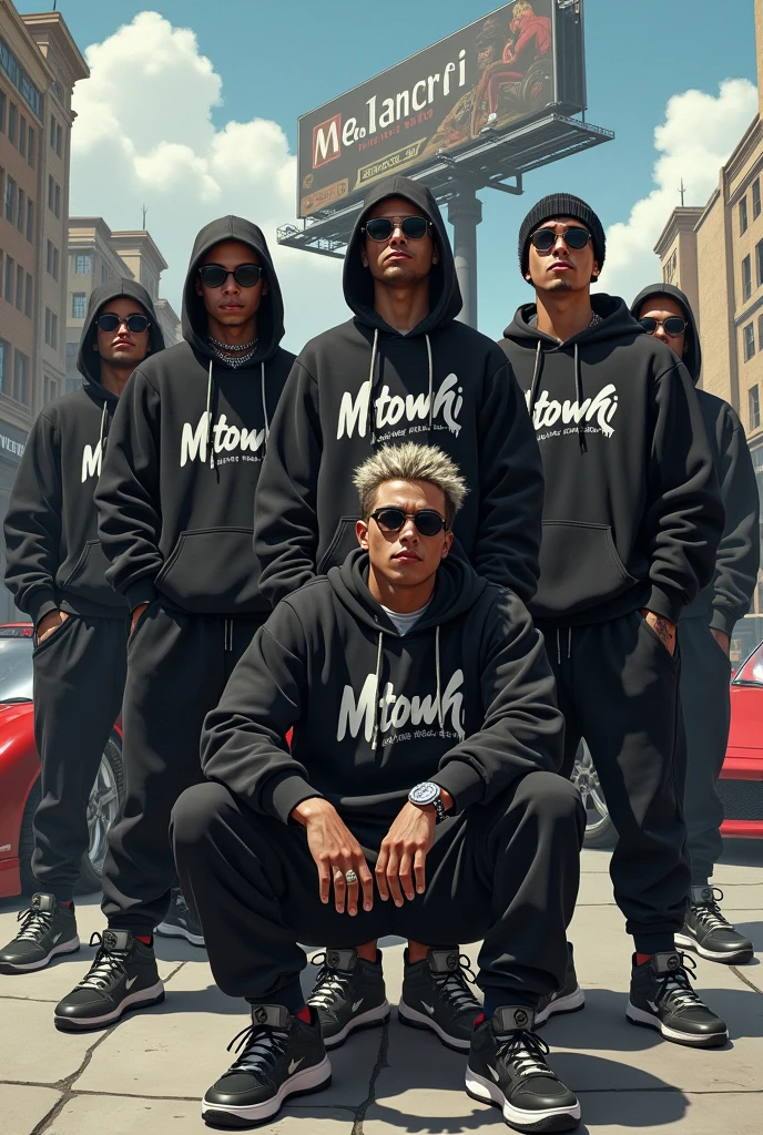 Boy with his gang in the middle of the city, Melamchi written in the huge bill board, all in black hoodies, black joggers and jordan shoes, MTOWN written infront of the hoodie, supercars behind them, boy with ash colours braid sitting infront of the gang wearing drippy hoodie and joggers set leading the gang, cool sunglasses and tattoos, smokingsmoking, realistic