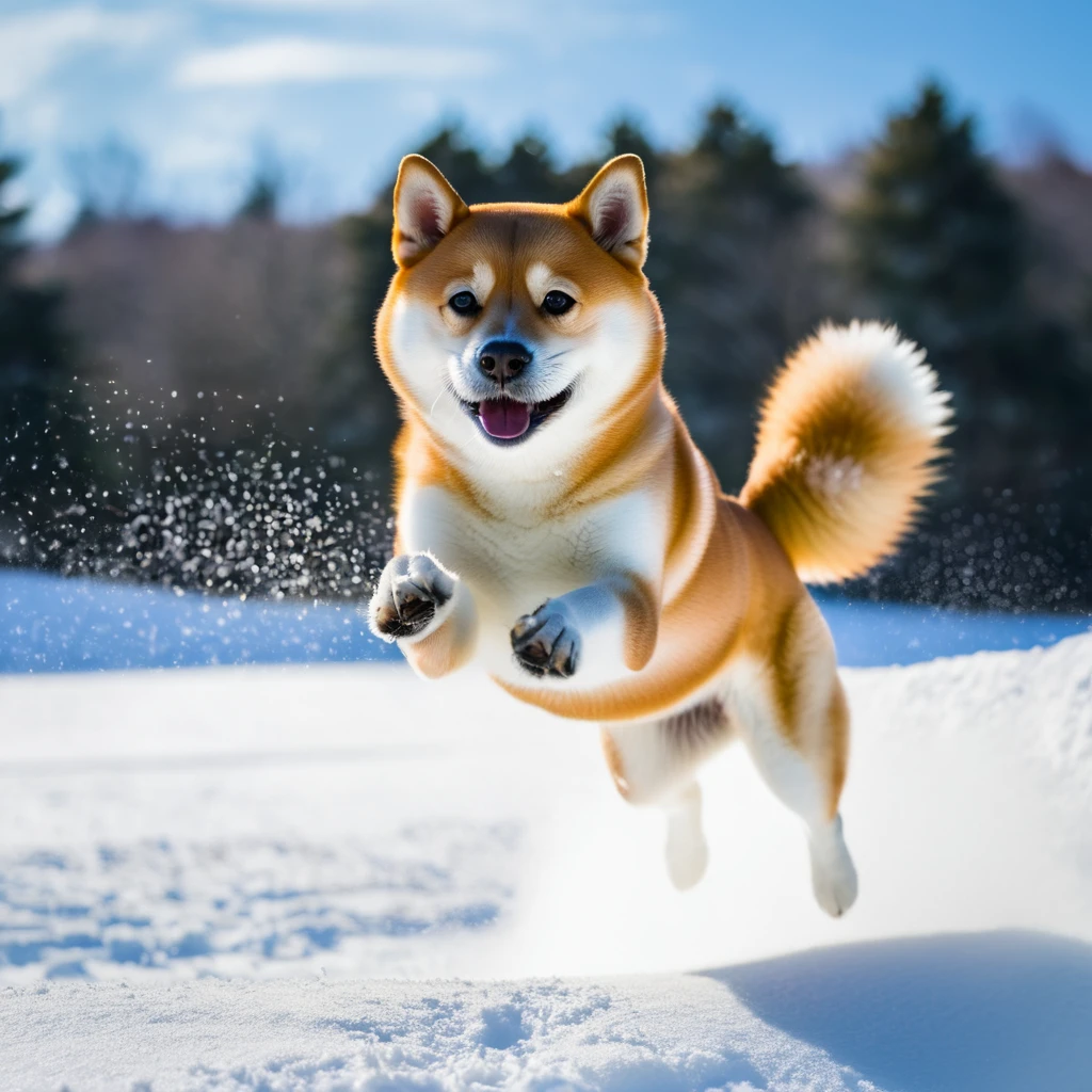 Kicker at the snow park A Shiba Inu jumping at the kicker at the snow park。Twist your body in the air、A scene of him concentrating to land a trick。The satisfied expression after landing is also a highlight。