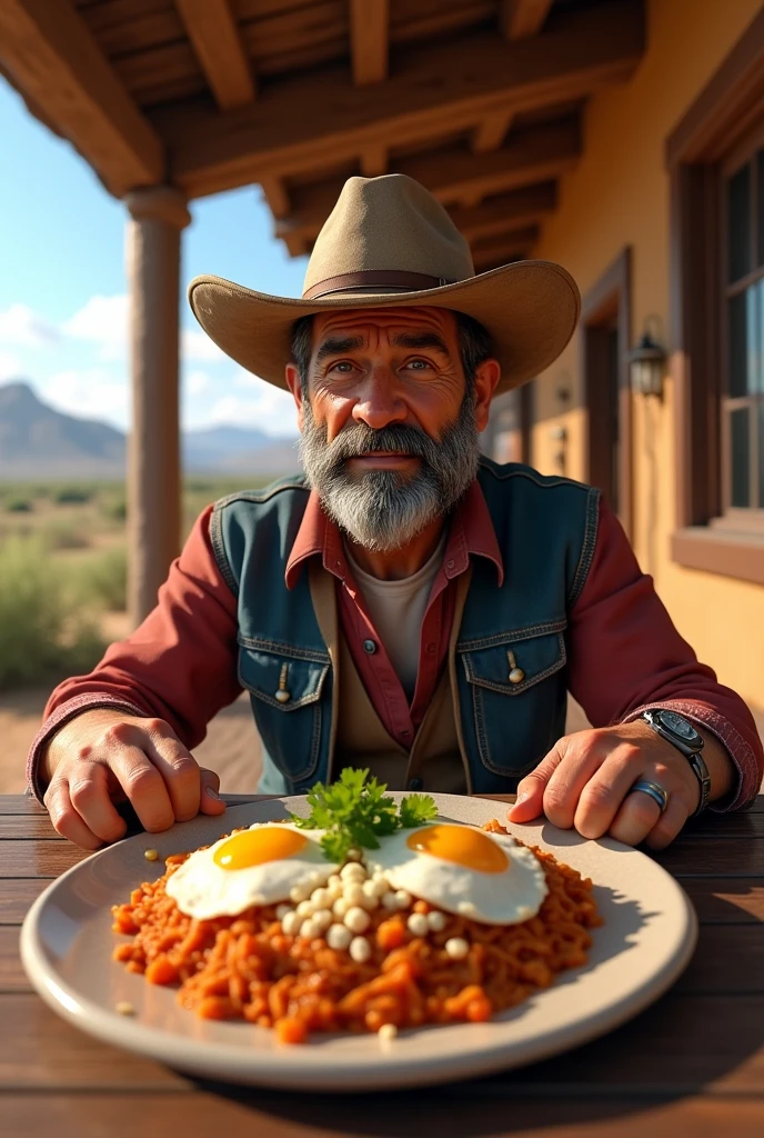 Rancher with a hat and eating chilaquiles