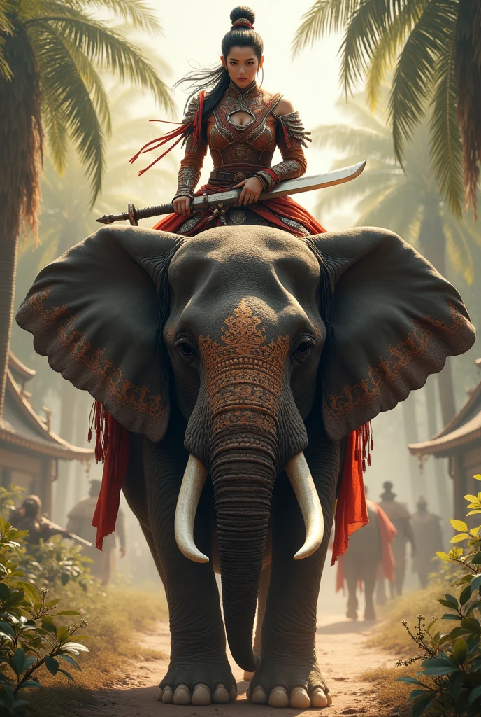 a female asian worrier full of Aura riding on the head of an elephant it's nose is directing upward during 16th century