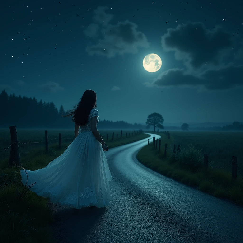 Walking the road at night ,Beautiful views,Dark Background,her dress billowing in the wind, Shining Moon