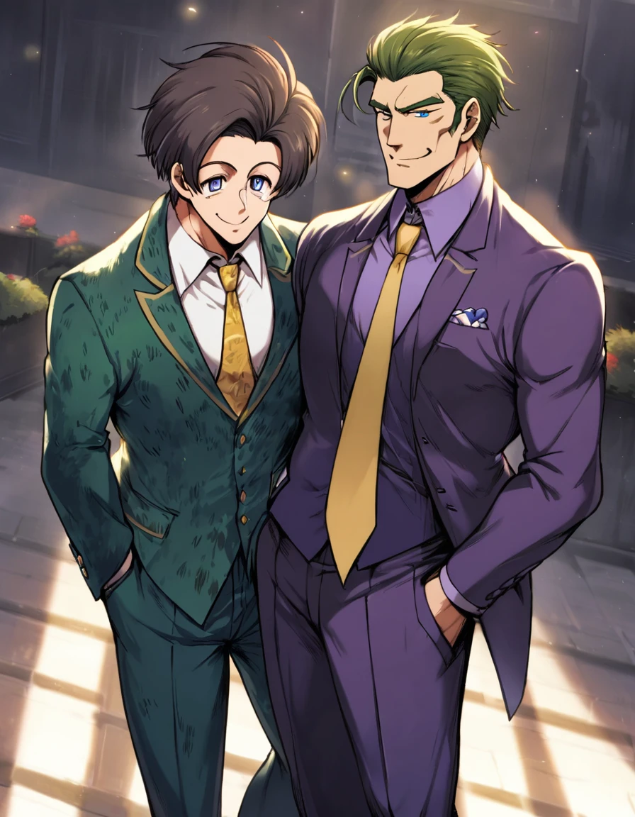 1man, (mature dad in ail-soft style, dandy president, moss olive hair, deepblue eyes, arafed spiky hair slicked back, businessman hairstyle), ideal ratio body proportions, BREAK (over 30s, elder producer, toned dilettante, high cheekbones, broad shoulder, square shaped face, handsome, beautiful detailed eyes, under 40s), BREAK (violet formal jacket, purplewhite shirt, yellow necktie, simple costume), BREAK solo, cool smile, smart emotion, BREAK upperlegs, romantic expression, 2000s, old hentai CG, in Ribahara Aki style, BREAK depth of field, dutch angle, cinematic shadows, cinematic lighting, lens flare, light leaks, texture, absurdres absolutely resolution, extreme all detailed, greatest paint, BREAK masterpiece, best quality