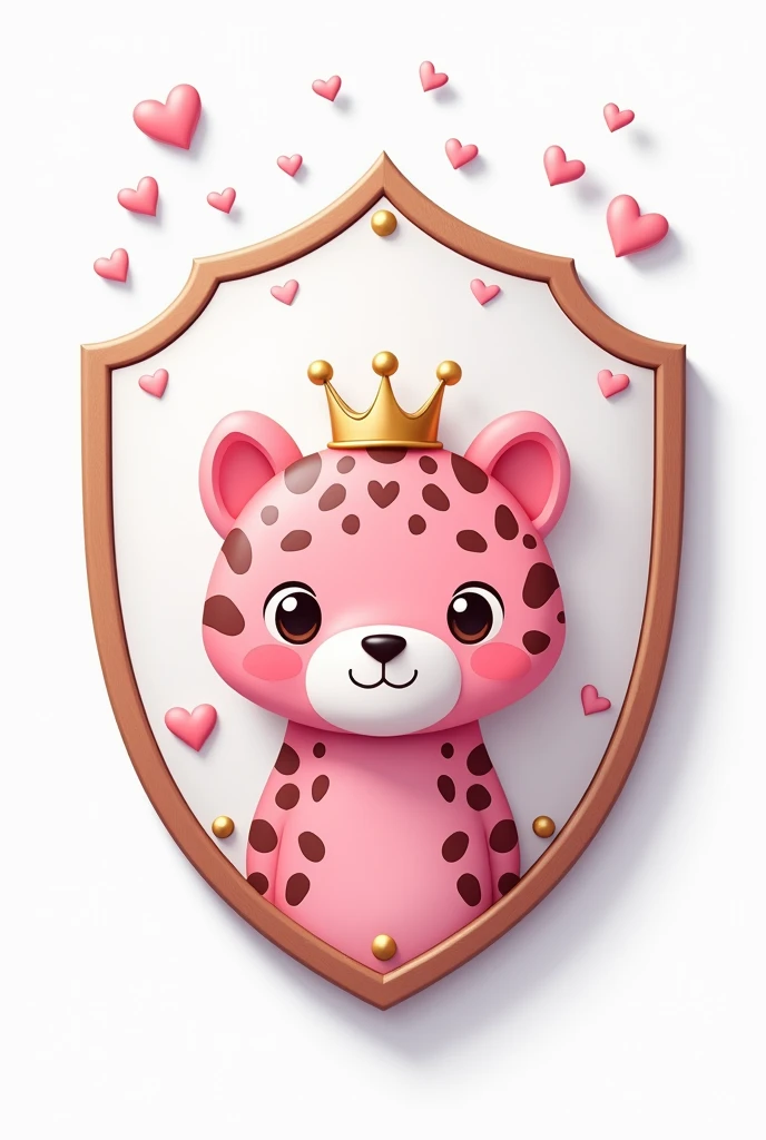 Generate a white uniform shield with a cute pink leopard and in 2D, if possible, place a golden princess crown and some hearts