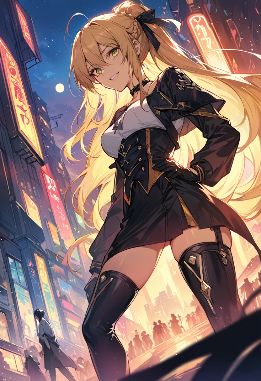 score_9, score_8_up, score_7_up, score_6_up, rating_safe, source_anime, BREAK beautiful Artoria Pendragon (blonde, braid, ribbon, hair ribbon:1.2), sexy smirk, BREAK tight skirt, cropped corset, thigh high boots, choker, BREAK walking in downtown Tokyo, neon lights, Extremely detailed Artgerm, Artgerm on ArtStation Pixiv, BREAK Epic light novel art cover, gorgeous female, trending on artstation pixiv, BREAK midnight, full moon, shallow depth of field, BREAK highly detailed, bokeh, moody, epic, gorgeous, grainy, BREAK (ultra-detailed), (best illustration), (best shadow), (absurdres), (detailed background), (very aesthetic).