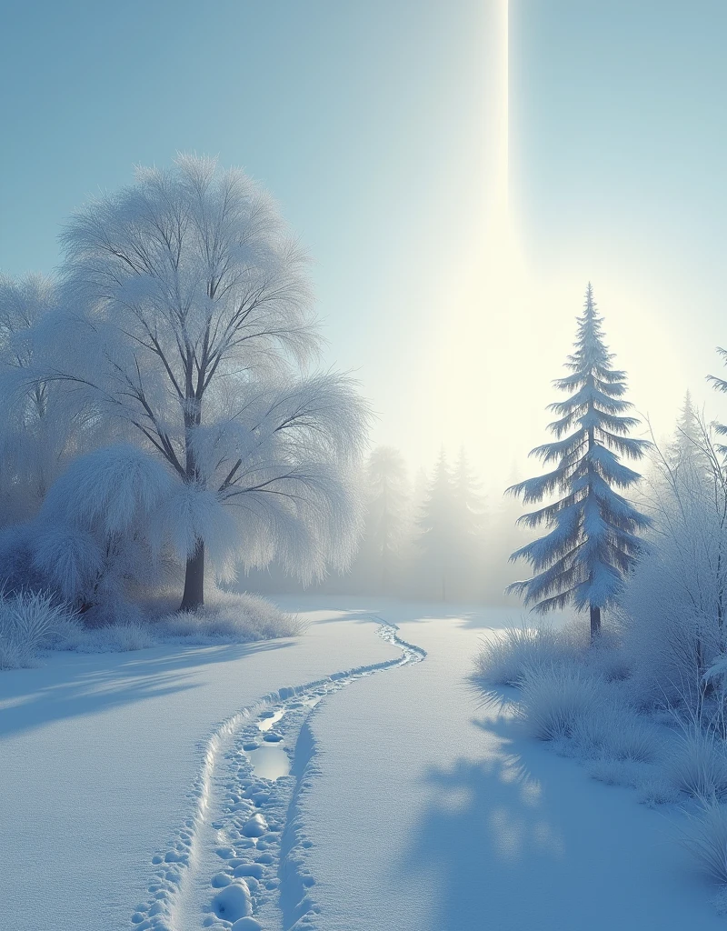 Surrealism、masterpiece、best quality、Film Grain、RAW photos、Magnificent views、wallpaper、Frozen morning landscape、Sun pillar、Rime on deciduous trees、