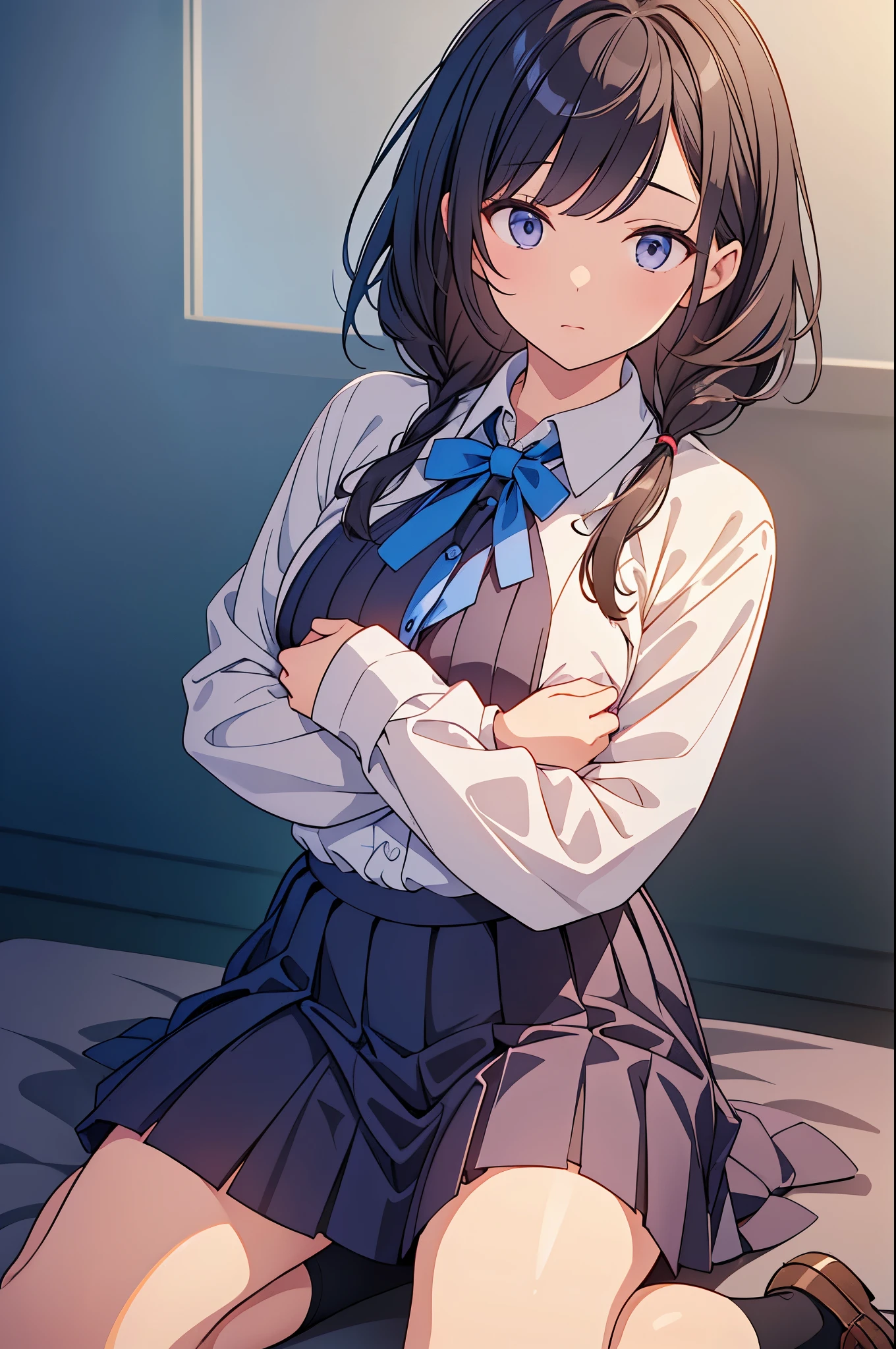 rikkatakarada, rikka takarada, black hair, blue eyes, long hair, orange scrunchie, scrunchie, wrist scrunchie
BREAK black footwear, black skirt, bow, bowtie, buttons, cardigan, collared shirt, long sleeves, microskirt, pleated skirt, red bow, red bowtie, red socks, school uniform, shirt, shoes, skirt, socks, thighs, white cardigan, white shirt,
BREAK indoors, bed,
BREAK looking at viewer, BREAK (masterpiece:1.2), best quality, high resolution, unity 8k wallpaper, (illustration:0.8), (beautiful detailed eyes:1.6), extremely detailed face, perfect lighting, extremely detailed CG, (perfect hands, perfect anatomy),