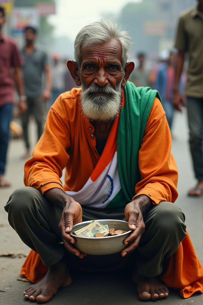 An Indian beggar is sitting on the street begging with a tin bowl in his hand, in which people have begged and given some money. He wears the Indian flag on his head. And on the body is a torn shirt, that too in the color of the Indian flag.