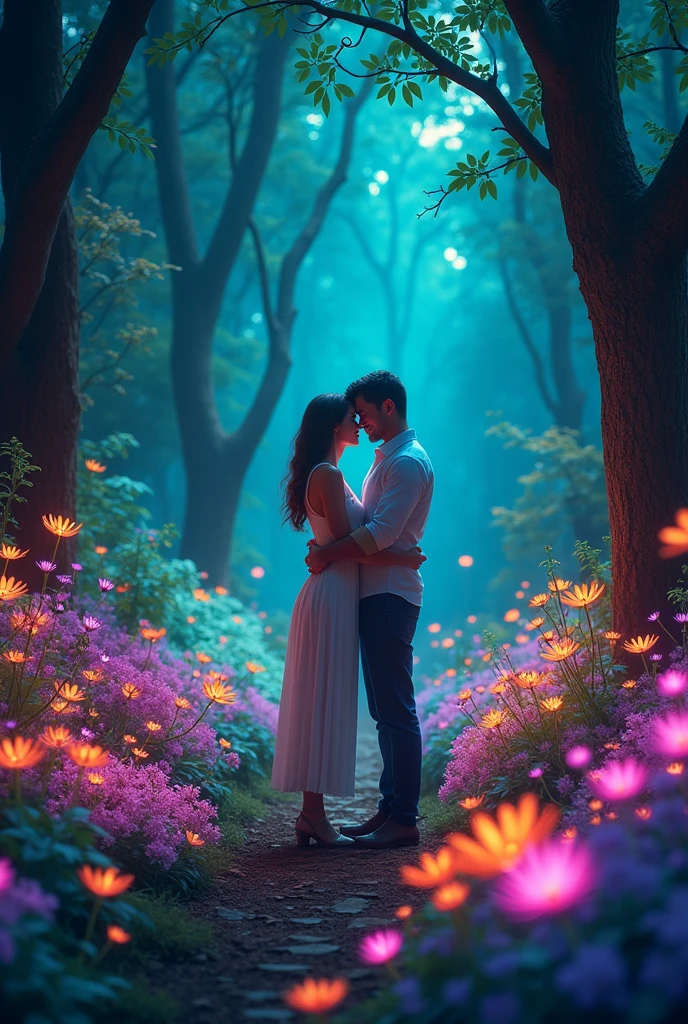 Start with a quick, bright shot of a mystical forest with colorful, glowing plants. The narrator’s voice says, “Once upon a time, in a magical forest…” With couple kiss and brigth girl drees’ brigth flowers