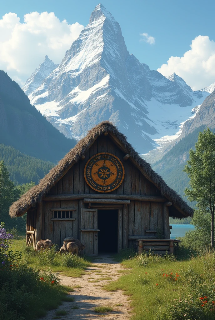 CIRCULAR LOGO MOUNTAIN BACKGROUND IN THE CENTER OF A FARMING HUT