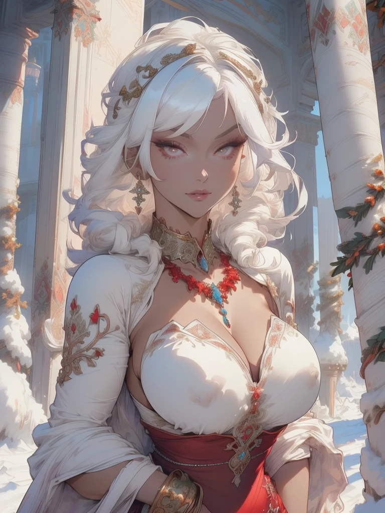 woman,1female,((milf,mom,mature,mature woman,4 female,adult)),(large breasts:1.5),saggy breasts,(((white hair:1.4,straight hair,long hair:1.4,colored inner hair))),((yellow_eyes:1.3)),intricate eyes,beautiful detailed eyes,symmetrical eyes,((((dark skin:1.4,lustrous skin:1.5,bright skin: 1.5,skin tanned,shiny skin,very shiny skin,shiny body,illuminated skin)))),(spider lower abdomen,narrow waist,wide hip,bimbo body,inflated legs,thick thighs,delicate detailed fingers),(((detailed face))),
cute,slutty,sensual,seductive look,seductive,((erotic)),opulent,sumptuous,longingly,((nsfw)),
queen,goddess,fantasy,(beautiful winter silver clothes,silver silk),((strapless red dress,very long red skirt,red dress)),(silver clothes),(((ice jewelry,intricate necklace,christmas jewelry,detailed outfit))),cleavage,silver silk,((eyeshadow,elegant makeup,eyelid makeup,gold lips,gold lipstick)),((Transparent cloth:1.1)), (((Sexy white fur coat, white fur coat outfit, wearing a white fur coat:1.3,winter white coat))),red gloves,(((intricate outfit,intricate clothes,embroidered outfit,ornate outfit,embroidered clothes,ornate clothes))),
(dynamic pose:1.0),embarrassed,(centered,scale to fit dimensions,Rule of thirds),
((snowy pine forest)),winter,scenery:1.25,((intricate scenery)),((snow forest background)),Christmas tree,
(Glossy winter ornaments),highres,sharp focus,(ultra detailed,extremely detailed),(photorealistic artwork:1.37),(extremely detailed CG unity 8k wallpaper),(((vibrant colors,vibrant theme))),(intricate),(masterpiece),(best quality),