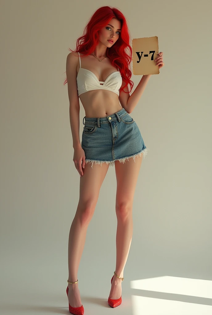 A y redhead woman in red high heels, denim skirt and white bikini, holding a paper written: Y-7