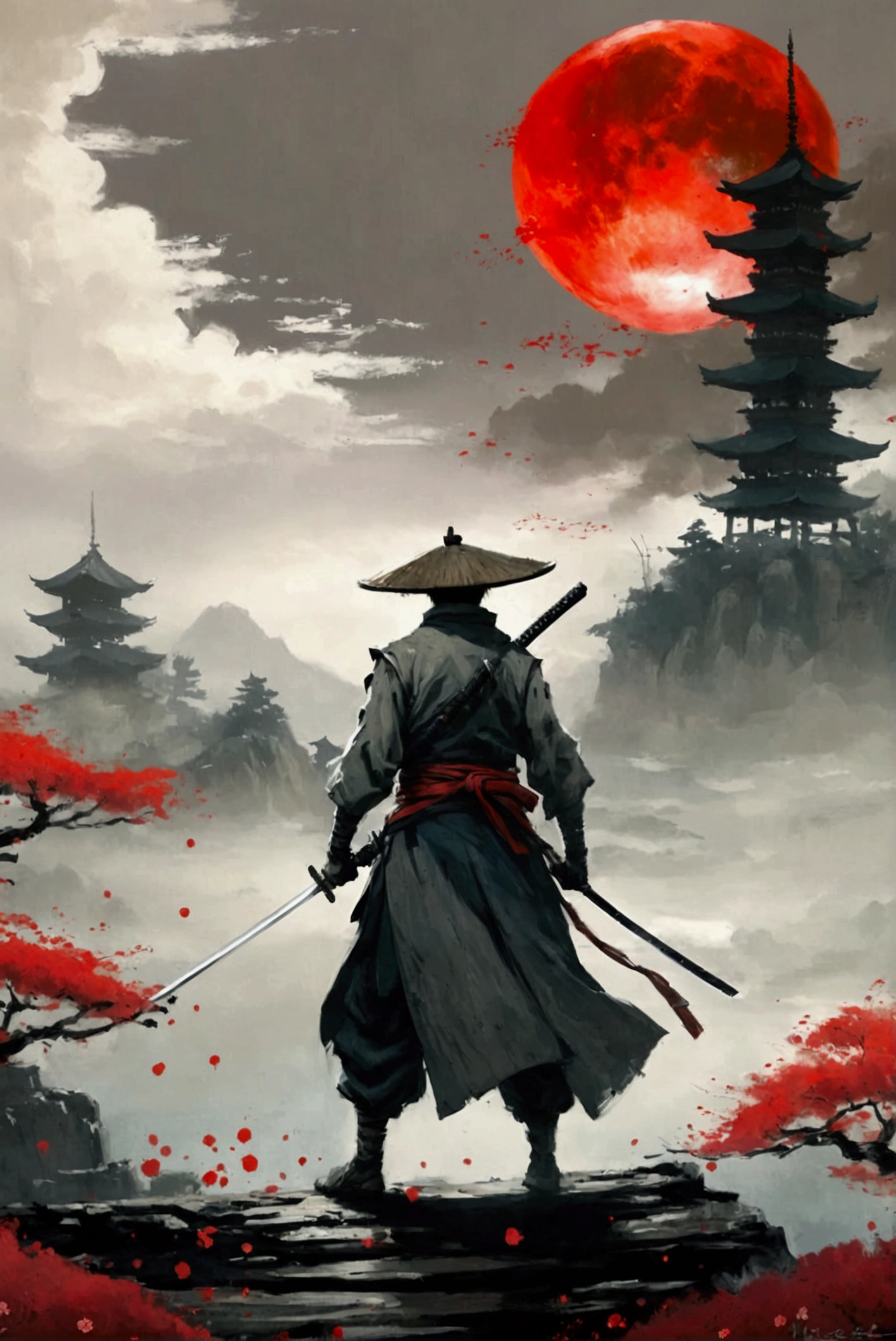 a painting of a man with a sword and a red sun, sekiro in bloodborne world, sekiro, inspired by Kanō Hōgai, feudal japan art, ghost of tsushima, traditional japanese concept art, inspired by Edo Murtić, ronin, inspired by Ma Shi, sekiro mountain, samurai style, benedick bana