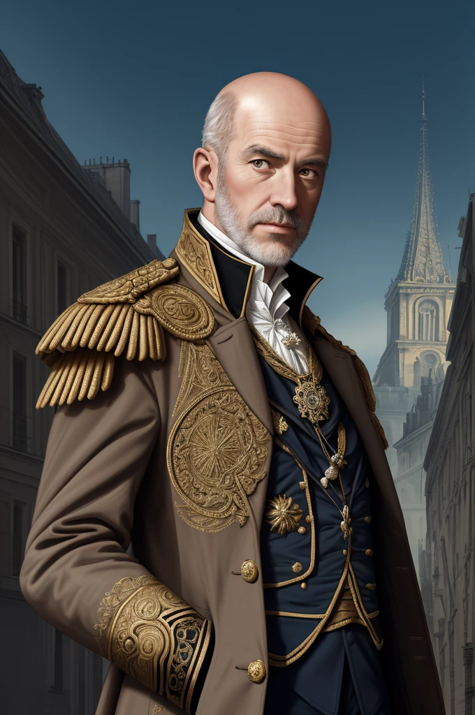 Highest quality, masterpiece, High resolution,，（Lalande），French，Marshals of the French Revolution，Medals，（French cityscape_background），Bald crown，Broad forehead，Middle-aged men，Anime Style, 4K, alone，whole body， looking at the camera, ，White side hair，Brown_coat， Hyper Detail, (Intricate details),