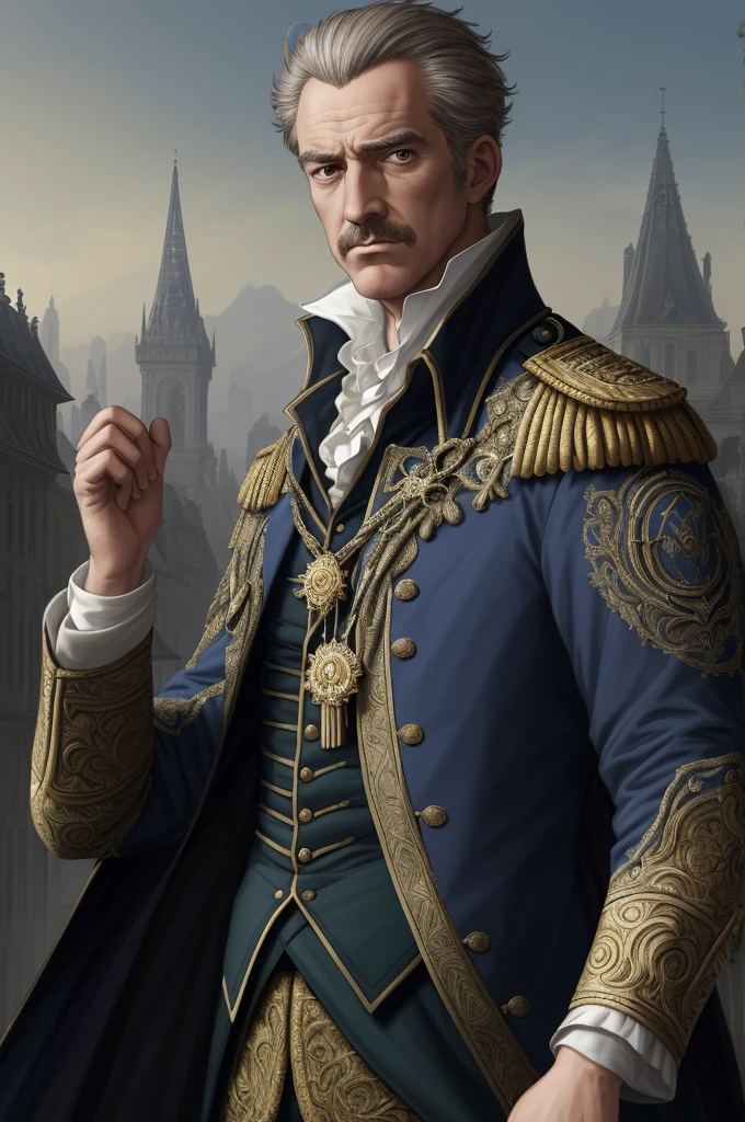 Highest quality, masterpiece, High resolution,，（Lalande），French，Marshals of the French Revolution，Medals，（French cityscape_background），Bald crown，Broad forehead，Middle-aged men，Anime Style, 4K, alone，whole body， looking at the camera, ，White side hair，Brown_coat， Hyper Detail, (Intricate details),