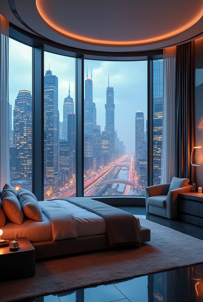 Luxury penthouse bedroom with a panorama view of a cyberpunk futuristic city 