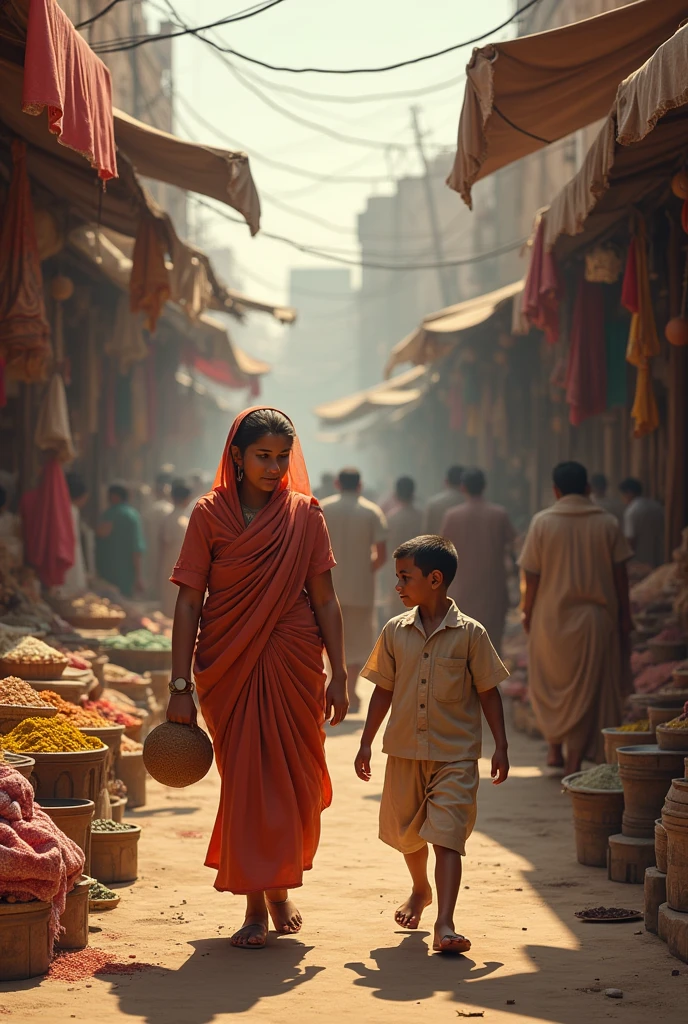 /imagine prompt: 2d, personality: [Depict a bustling market scene in Porbandar, where Gandhi's family is shopping. Elongated shot of Gandhi's mother, Putili Bai, interacting with vendors, her expression warm and nurturing as she guides young Mohandas, who is looking around with wide eyes filled with wonder]unreal engine, hyper real --q 2 --v 5.2 --ar 16:9