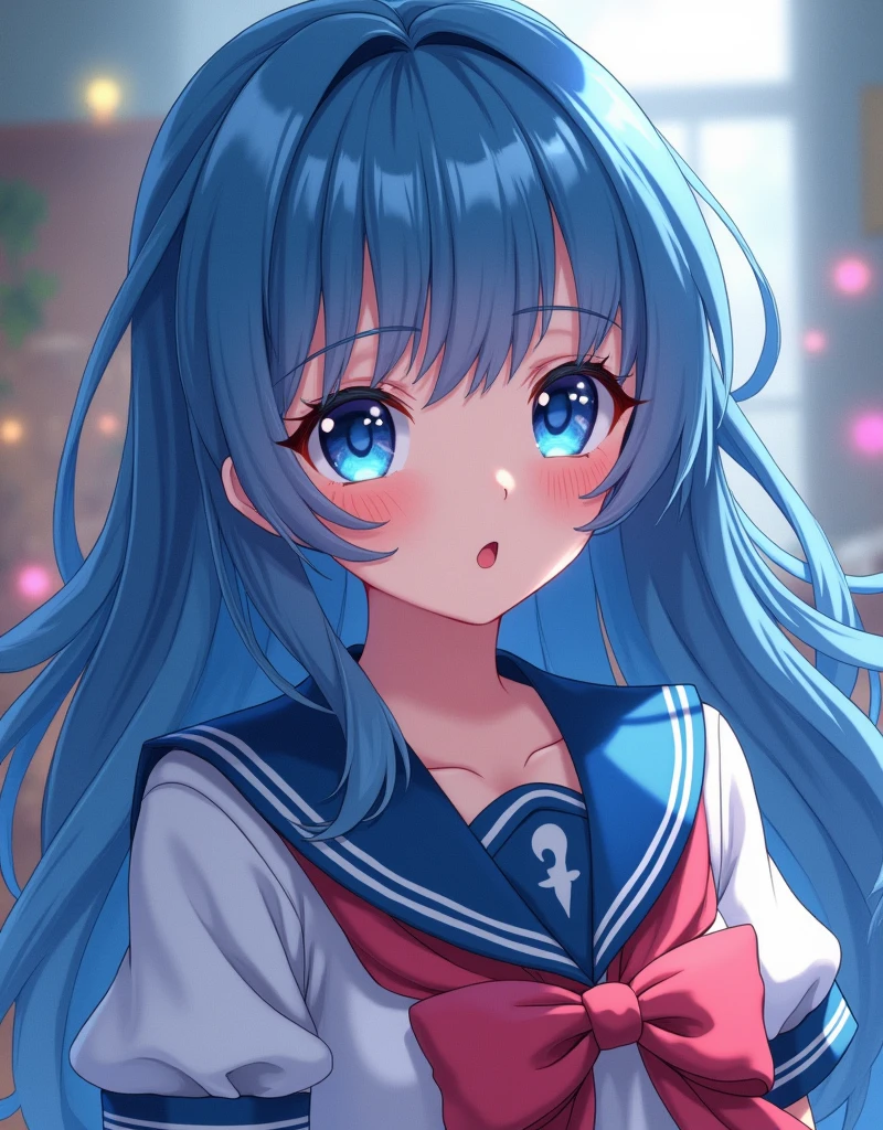 anime ,Wearing a sailor suit、Beautiful with long blue hair, Detailed face with large expressive eyes, Detailed lips, Long eyelashes, Sailor Moon, Magical girl, Fantasy, Soft lighting, Vibrant colors, Structure of the film, Digital Art, Very detailed, masterpiece, (Highest quality,4K,8k,High resolution,masterpiece:1.2),Very detailed,(Realistic,photoRealistic,photo-Realistic:1.37)