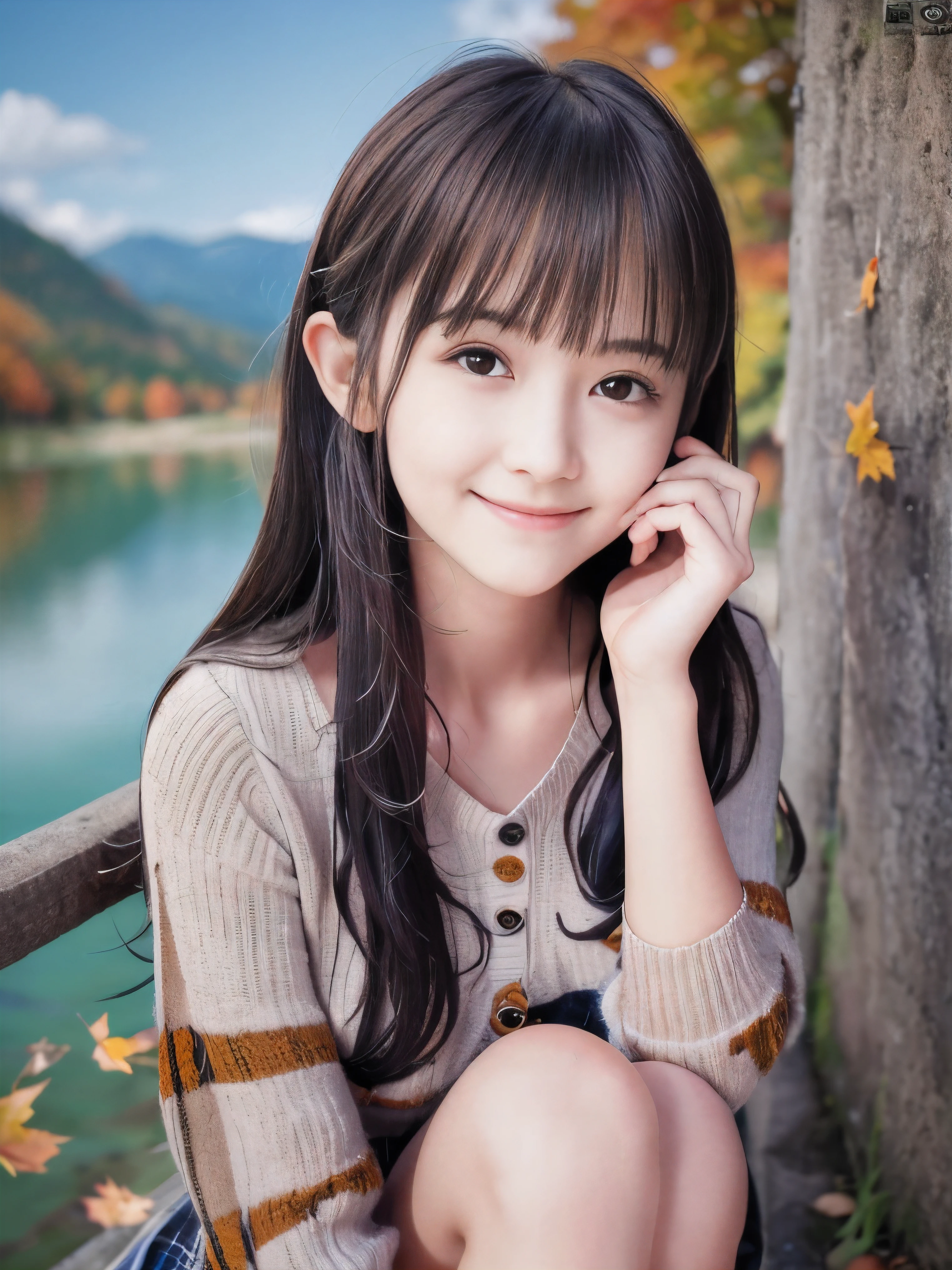 (Close up face shot of one slender small breasts half up brown long hair with bangs girl in a autumn fashion shirt and sweater:1.5)、(One girl is leaning forward with happy smile on the dart road near the lake and big waterfall:1.5)、(Beautiful autumn leaves and mountain view:1.5)、(Natural light:1.5)、(8k ultra detailed master piece:1.5)、(perfect anatomy:1.5)、(Photorealistic stick:1.5)、(Raw photo:1.3)、(highest quality:1.5)、(High resolution:1.3)、(Delicate and beautiful perfect face:1.3)、(Delicate and beautiful eye air skin:1.3)、(Real Human Skin:1.3)、((thin legs))