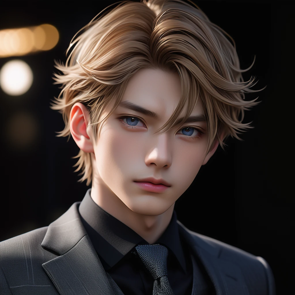 Meticulous, analog style, focus on the eyes, highest quality, (highly detailed skin), very handsome pale-skinned Japanese boy photo, 2, (wearing a suit), perfect face, skin pores, (penetration: 0, 5), black background, (bokeh:0.6), photographed with Sony A7R IV camera, 18mm F/1.7 cine lens, 8k, HDR, front view, (upper body: 0.9)