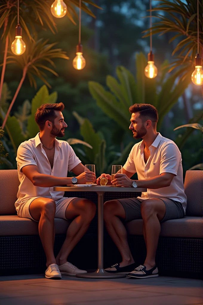 Two man, One next to the other, at night, lounge club, plants behind, Summer, sitting to a rectangular small table