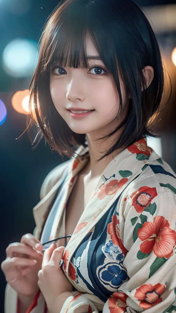 ((masterpiece, Highest quality, High resolution)), Japanese high school girl、(Realistic: 1.4), A shy smile、Great face,Glossy lips、, short hair, (Beautiful Hair:1.5), Japanese patterned yukata、Long sleeve、Cleavage、Floral hair ornament、Beautiful legs、On the Beach、Fireworks at night、Looking up at the fireworks、Watching the fireworks、Angle from below, Smooth, Highly detailed CG composite 8K wallpaper, High resolutionのRAWカラー写真, Professional photography, Light, BackLight, impressive, Written boundary depth, (Face close-up:1.4)