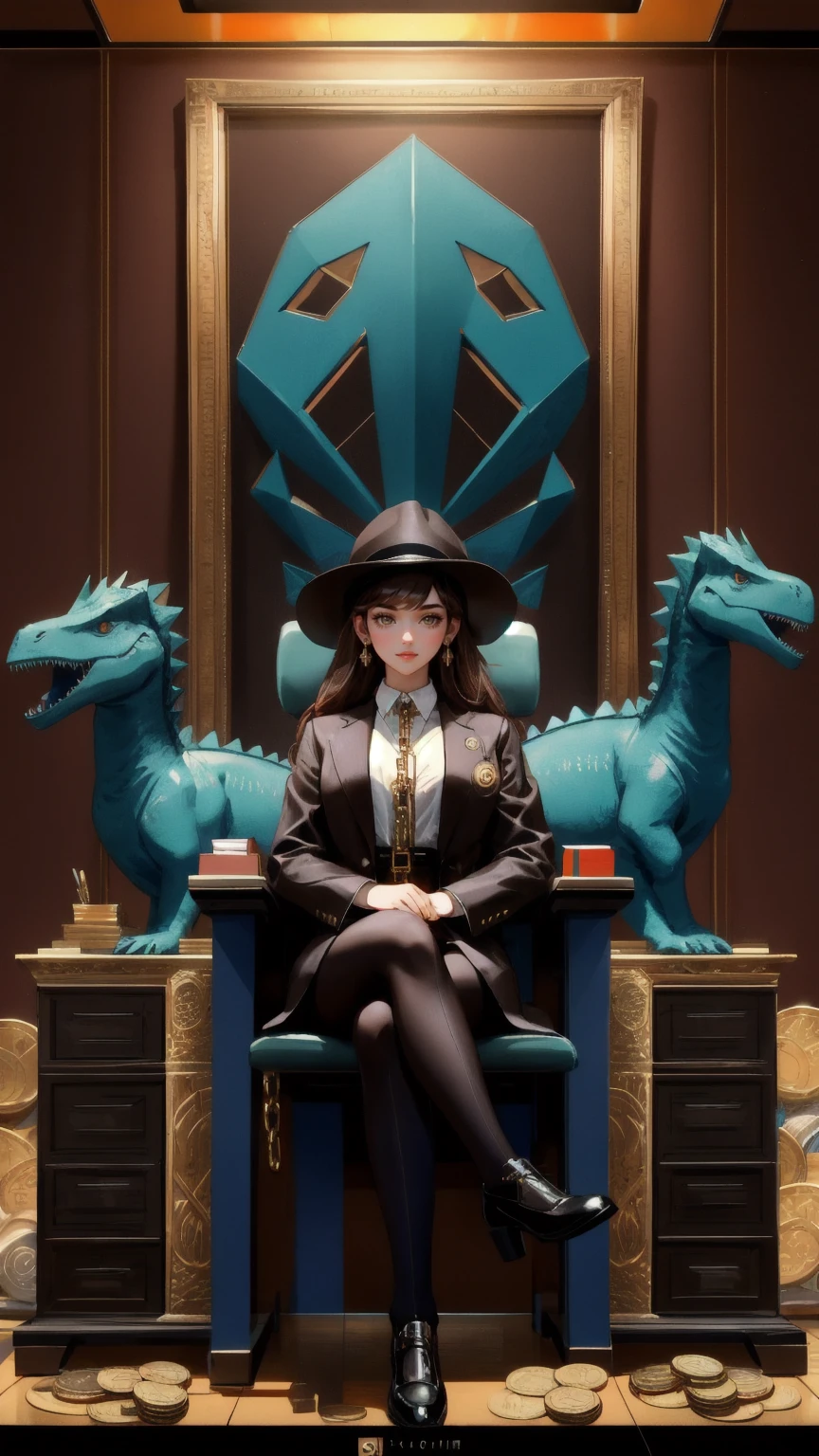 A beautiful, cute girl, dressed in a sharp suit with a stylish hat, seated at a desk covered in Bitcoin and Ethereum symbols and coins. She represents the 'OG Crypto Dinosaur,' holding a smartphone, with gold chains and accessories. The environment is a retro-futuristic office, with a large computer screen displaying cryptocurrency charts. The entire scene is set against a rich brown background, blending vintage and modern elements to symbolize the enduring power of OG Crypto culture.