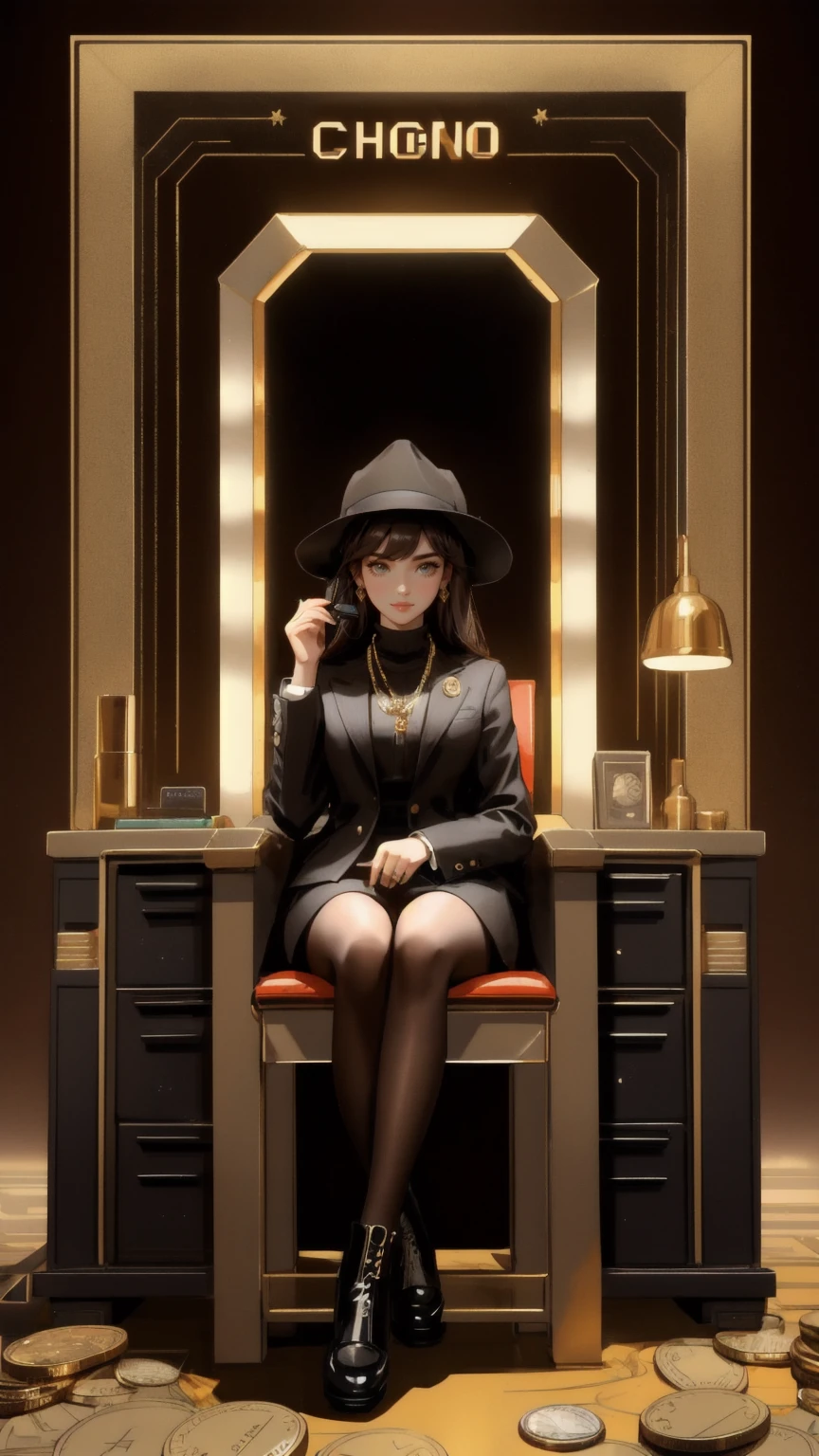 A beautiful, cute girl, dressed in a sharp suit with a stylish hat, seated at a desk covered in Bitcoin and Ethereum symbols and coins. She represents the 'OG Crypto Dinosaur,' holding a smartphone, with gold chains and accessories. The environment is a retro-futuristic office, with a large computer screen displaying cryptocurrency charts. The entire scene is set against a rich brown background, blending vintage and modern elements to symbolize the enduring power of OG Crypto culture.
