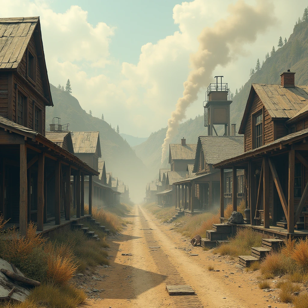 Old, dusty houses, ruined mining equipment and storm dust blowing the streets.