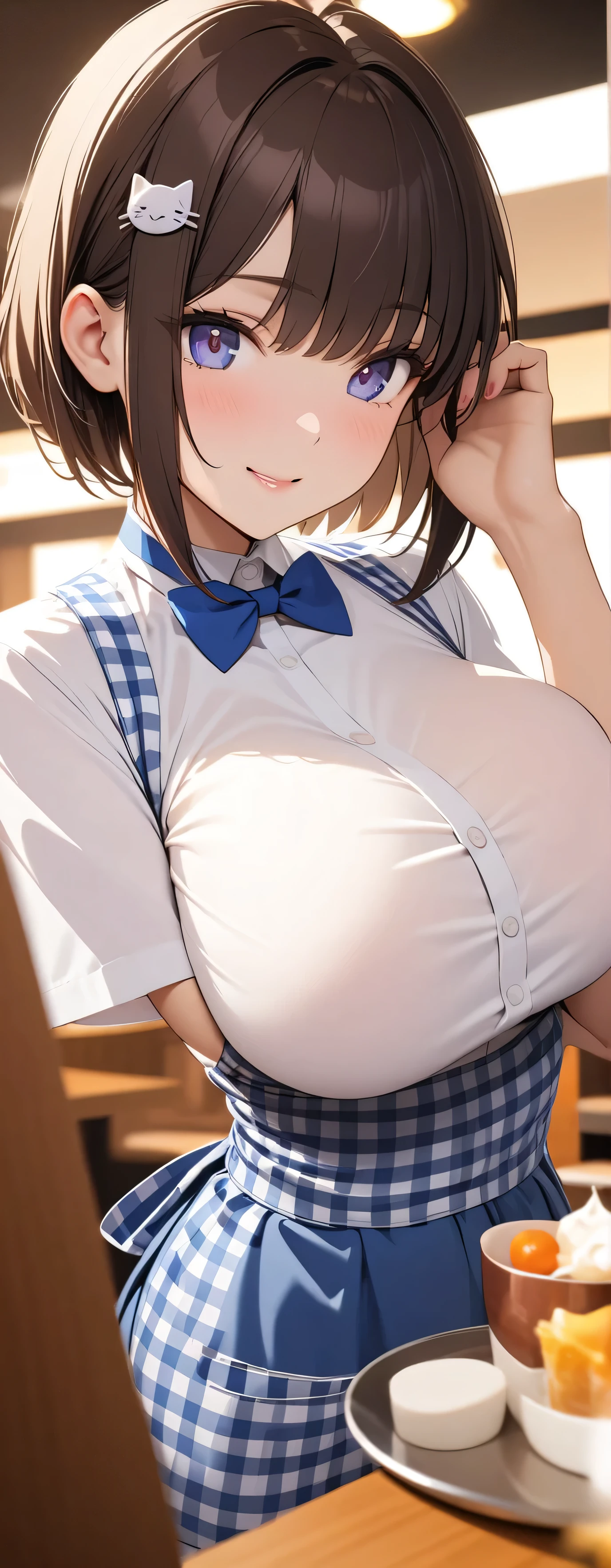 Beauty: 1.3),One person,masterpiece, Highest quality, Ultra-high resolution,Rich contrast,super high quality,8k,Highly detailed CG unit wallpaper,texture,Unbelievably absurd,Ultra-high resolution,RAW Photos,Depth of Field 1.2,crew, blue bow, blue bowtie, white shirt, short sleeves, blue skirt, blue apron, gingham apron, employee uniform, high-waist skirt, waitress,(Brown Hair,Sharp bob,Berry Short),happy,Very fine eye,bigeyes,looking pleasured, (Perfect hands, Perfect Anatomy),Glowing Skin,Cute cat hairpin,restaurant,,Beautiful glossy lips,pinup,((extreme close-up)),light smile,(Large Breasts:1.5),