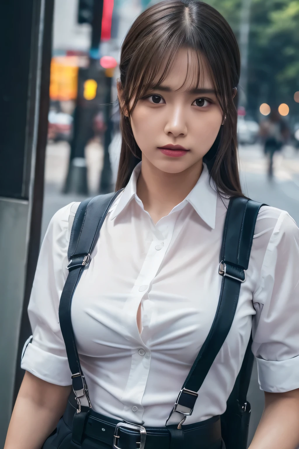 a woman in a suit, belt, hands behind back, sweating, suspenders, black pants, sexly, large breasts, see-through clothing, rain, detective, office worker, white button-up shirt, (best quality,4K,8k,highres,masterpiece:1.2),ultra-detailed,(realistic,photorealistic,photo-realistic:1.37),hyper-detailed,highly detailed face and body, Slender thin suspenders Moderate breasts See-through shirt Nipples holster chain Pistol Armament criminal Female criminal knife