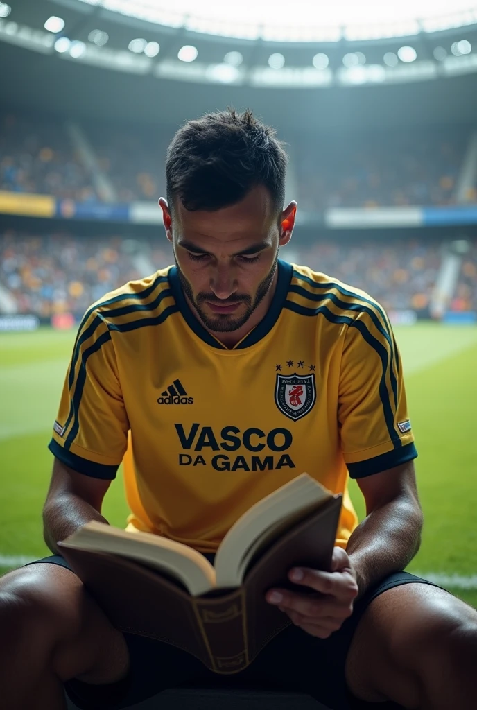 I want a Vasco player reading a book in a soccer stadium
