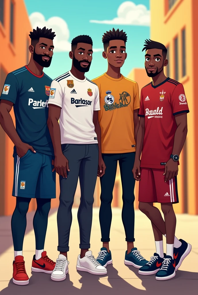 
4 jeunes adultes blacks très beaux
Sans boucles d'oreilles
L'une s'appelle Sylla ( tu mets son prénom sur son pull over du Real Madrid  à lui de telle sorte que le nom soit visible.)
Il est le plus grand en taille, pas de barbe et il est mince
Un autre un peu plus court que lui, le teint plus foncé que les autres, musclé et beau et Barbu 
Il s'appelle Mélek 
Tu mets son prénom sur son pull over du Barça 
Et le nom doit bien être visible
Le troisième plus court que les deux autres porte des lunettes
C'est un intello
Il s'appelle Oswald
Tu lui mets un pull over avec des trucs de geeks et mangas dessus 
Et tu y ajoutes son nom là ( Oswald)
Le dernier plus court que les autres s'appelle Johannes
Tu lui mets une tenue de basketball et tu y ajoutes son nom là ( Johannes) 
Tous avec de jolis pantalons en plus
Et des belles baskets 
Et sous forme de dessin animé stp

