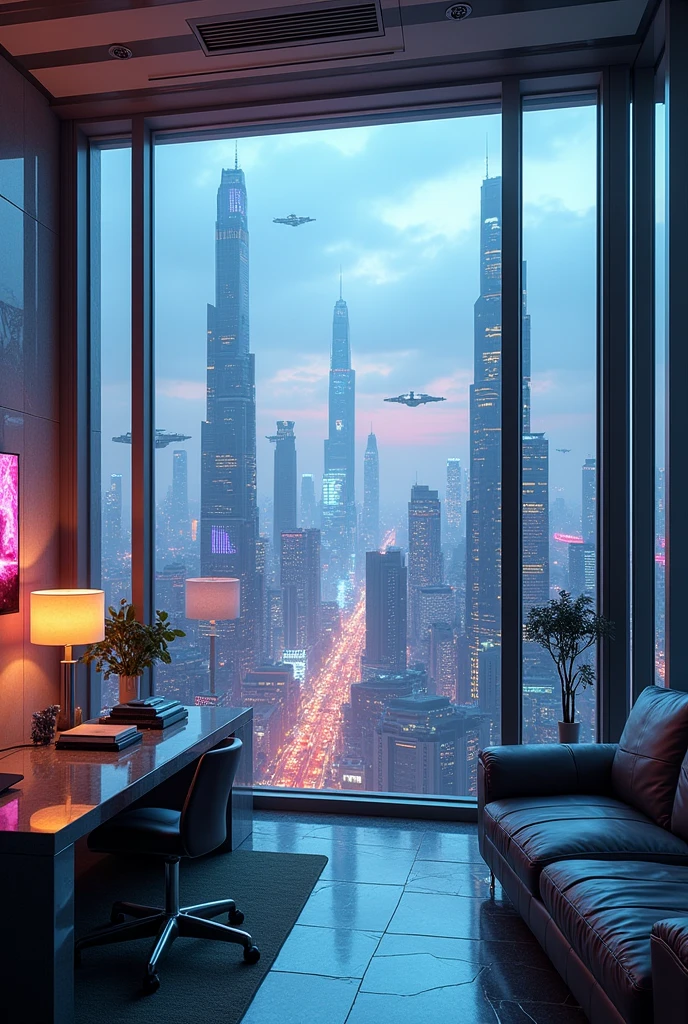  penthouse with a view of a cyberpunk futuristic city 
