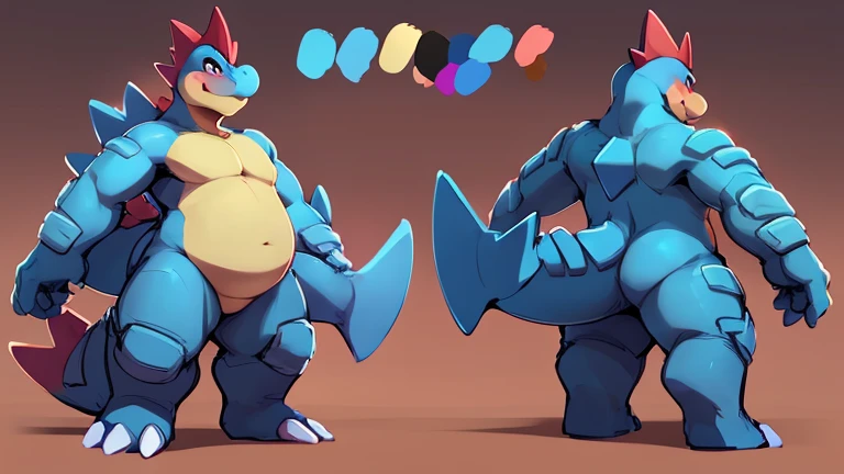 (roy_arashi, cute feraligatr _(pokemon): 1.2) by seth-iova, male, gay, perspective, pose, epic pose, , Tail , blush, nude, best quality, ultra detailed CG unit 8k wallpape, best quality, ultra detailed CG unit 8k wallpaper, best quality face, emphasized in close-up, huge musle , Bubble ass, big Tail , hyper hips , blue body , huge body, stading, presenting ass, big tail, belly, model sheet,
