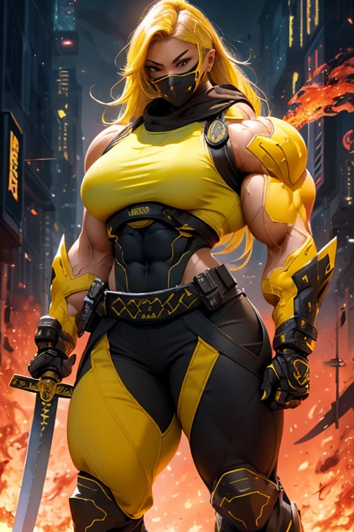((((Massive, beautiful, buff, muscular light brown skinned female ninja with yellow hair, black lipstick, ginormous bulky muscles, holding a yellow fire sword and wearing a yellow cybernetic ninja armor with pants)))), {close view}, black eyeliner, massive muscles, large breast, massive biceps, hyper muscle triceps, (long flowing hair), gray eyes, mask, ninja boots, In a futuristic city, steel ninja armor, nighttime, closed smile, hyper muscles arms, hyper muscle legs, ginormous arms