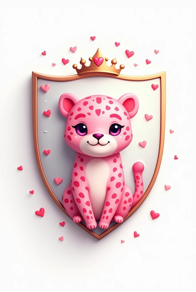 Generate a white uniform shield with a cute pink leopard and in 2D, if possible, place a golden princess crown and some hearts
