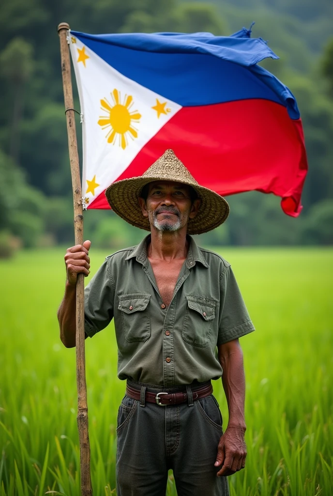 Filipino farmer wearing a salakot and waving the Philippine flag