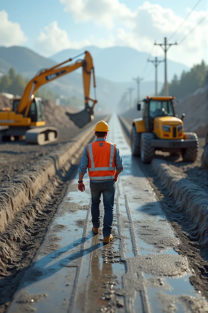mason, civil engineering, road, 4K, realistic, construction machine