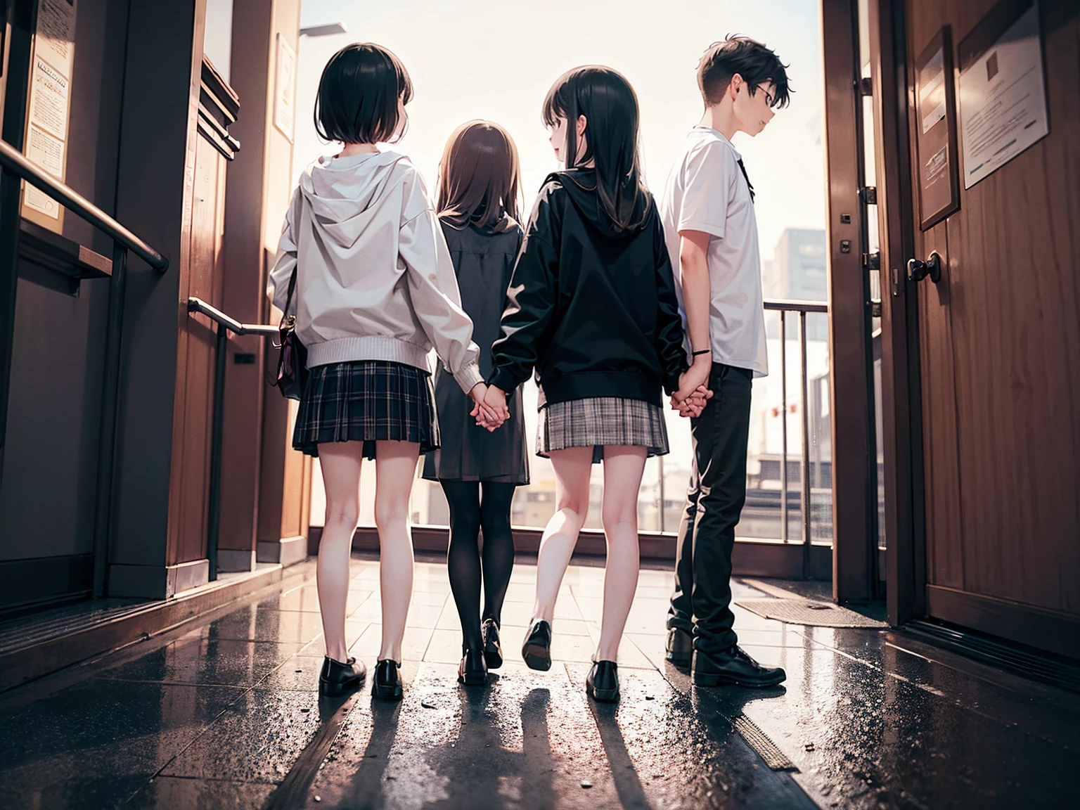 Holding hands together、it's raining、My clothes are soaked from the rain、See-through costume、Shorts、rabbit hoodie、boots、laughing、Clothes are see-through and underwear is visible、bus stop、Puddles on the road、Lovers' Bondage、Two girls 、Sheltering from the Rain