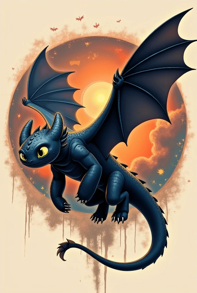 A tattoo of the dragon toothless, flying full extend, In a circle